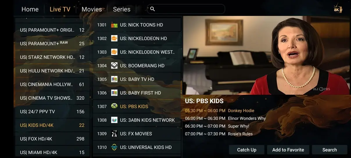 Capture d'écran de l'interface IPTV avec menu des chaînes